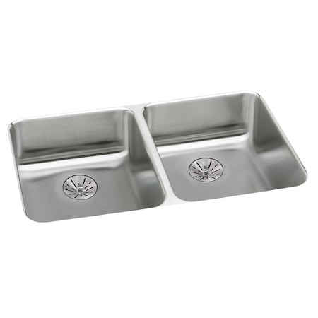 Elkay Lustertone Stainless Steel 31-3/4X16-1/2X5-3/8 Equal Double Bowl Undermount Sink W/ Perfect Drain ELUHAD321655PD